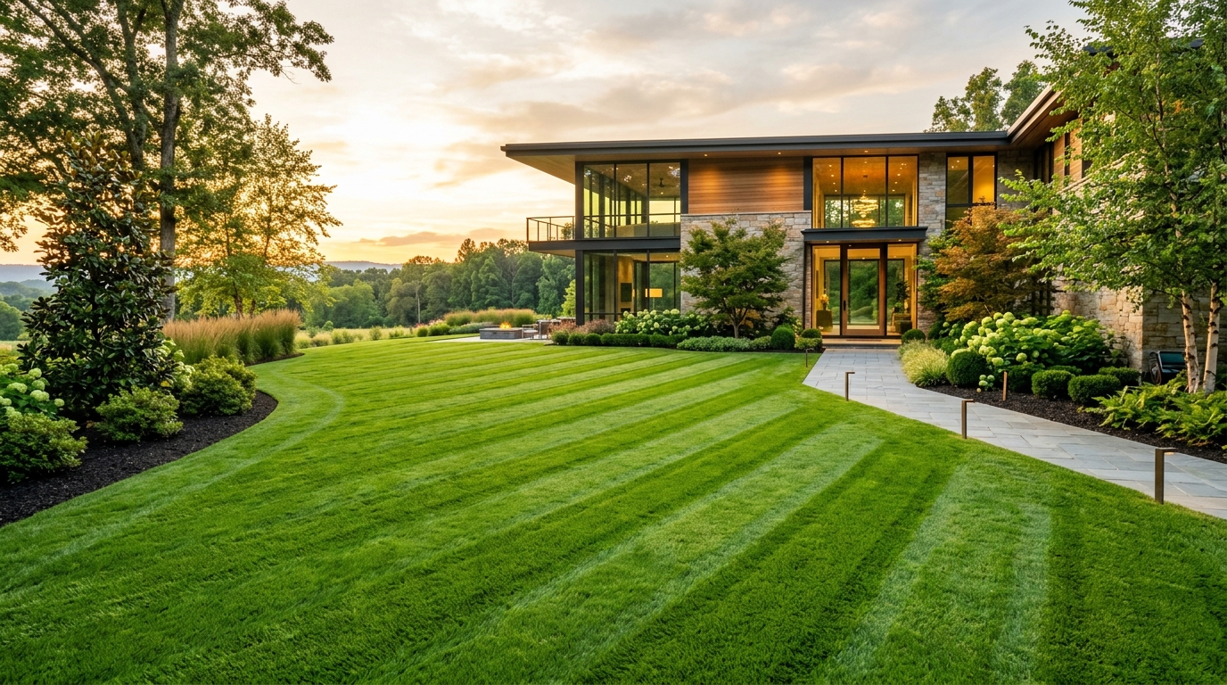 Mike Tee's Lawn Service - Pristine manicured lawn with diagonal stripes